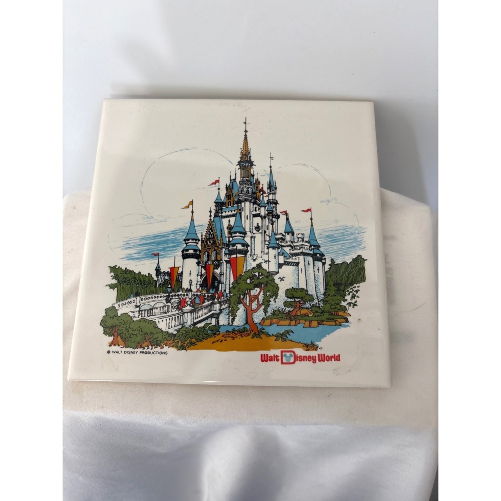 VTG Walt Disney World Ceramic Tile 6x6 White Cinderella Castle Vintage Souvenir